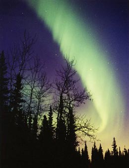 Curving green/purple curtain aurora