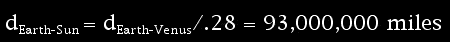 dEarth-Sun = dEarth-Venus/.28 = 93,000,000 miles